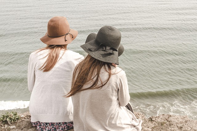 beach, hats, women, pair, couple, fashion, style, stylish, backs, young women, shore, seashore, friendship, girl friends, ocean, outdoors, people, sand, nature, sea, water, friends - hormonal health
